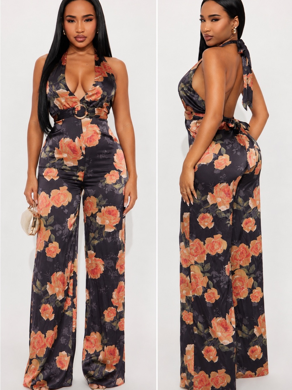 Fashion Nova Black Floral Halter Wide-Leg Jumpsuit